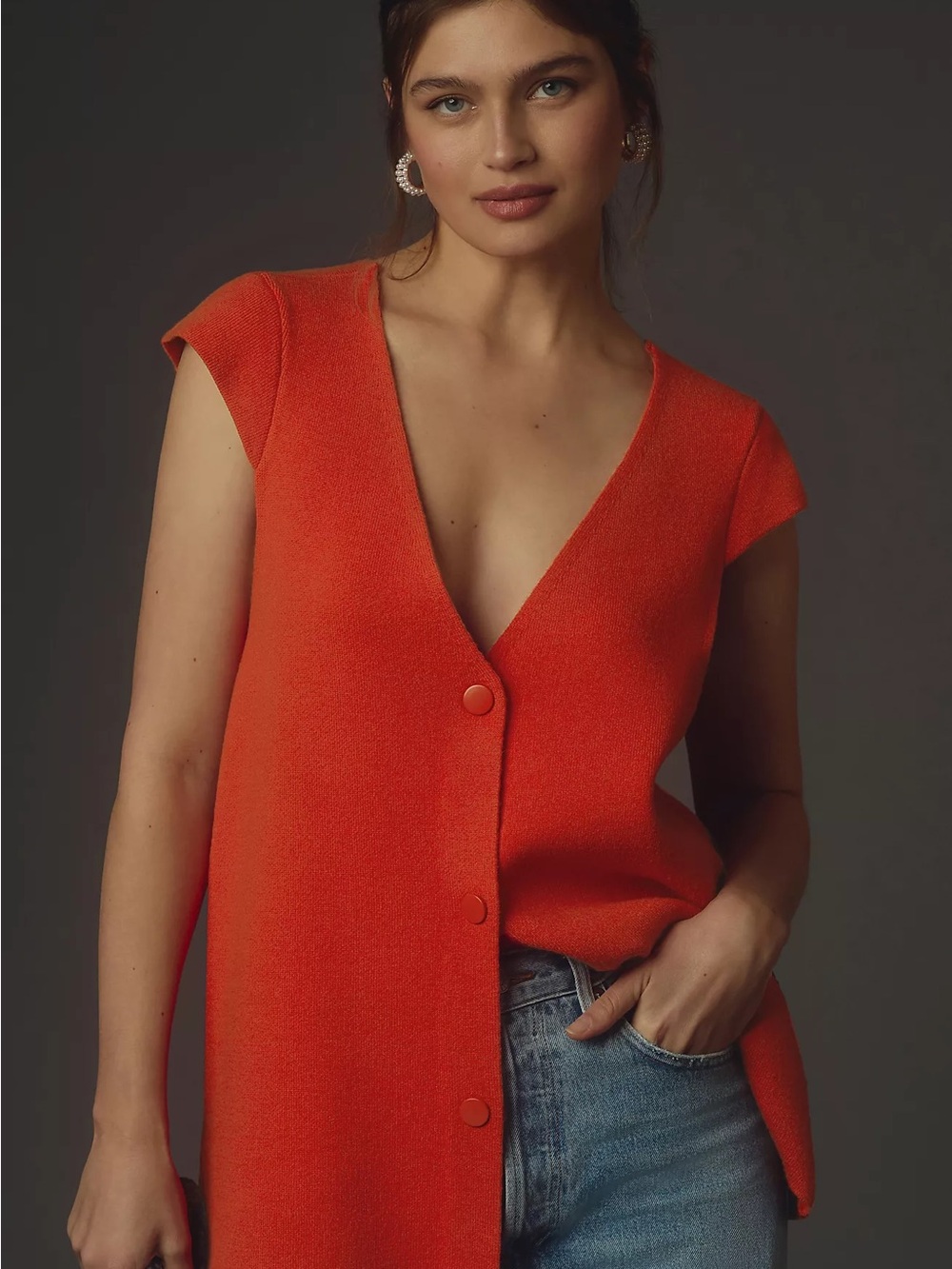 Anthropologie Sleeveless V-Neck Button-Front Sweater Vest in Bright Orange